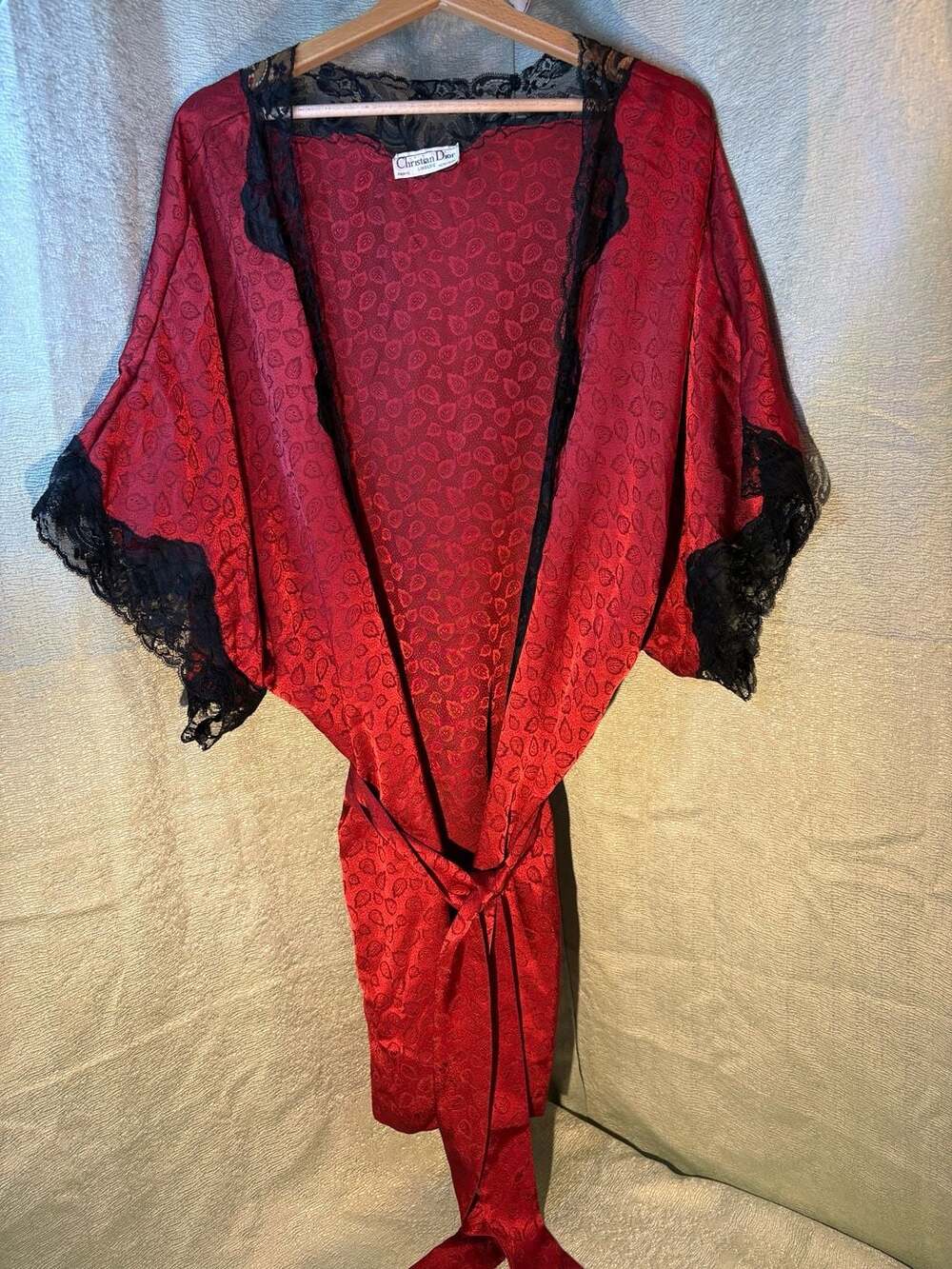 Vintage Red and Black Lace Robe Christian Dior Lingerie, Size Large, Smoking Jac